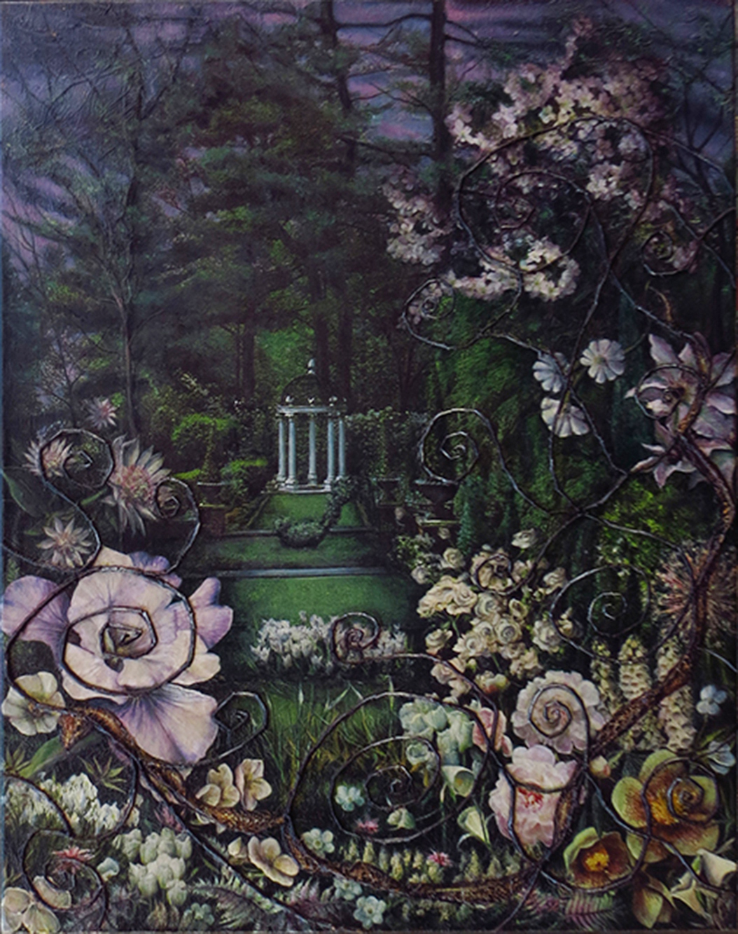 Garden Series – “The Dark Garden”  – collage on canvas with magazine clippings, twigs, snake skin and oil – 19″ W x 24″ H