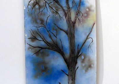 Brian McCormack   “Scorched Tree on Blue” torch, pyro detailer, paint on scrap wood fro Ikea furniture