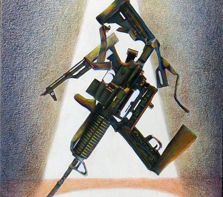 Joan Sonnenfeld “Gun Show I” collage and colored pencil on paper