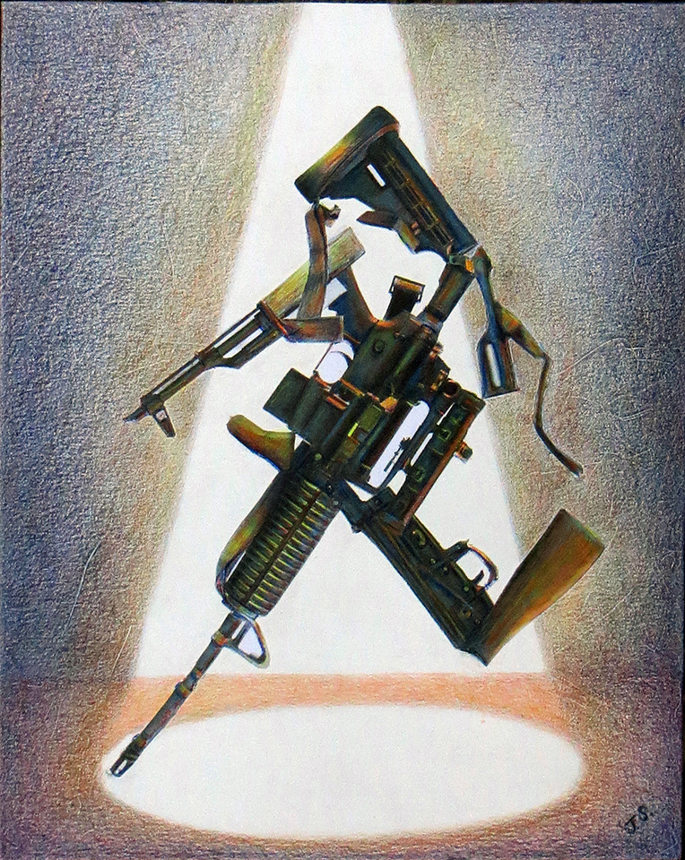 Joan Sonnenfeld “Gun Show I” collage and colored pencil on paper