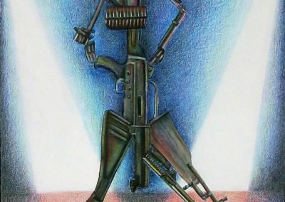 Joan Sonnenfeld “Gun Show II” collage and colored pencil on paper