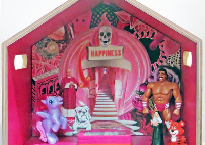 Luis Alves “Shrine/Happiness” mixed media wood box assemblage, $250.00