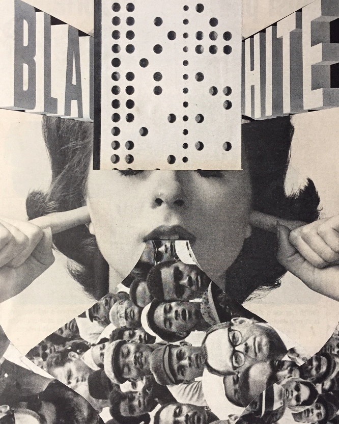 Curt Harbits “Rendered Invisible Through Silence” hand cut collage on paper, $150.00