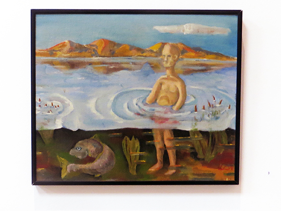 Peter Arakawa  -“Man and Carp” oil on canvas board