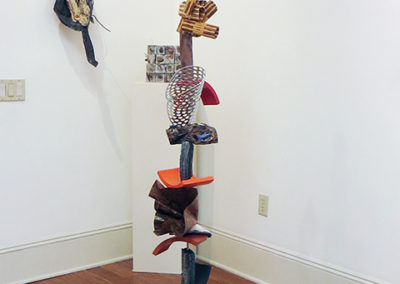 “Retrospective Totem”   stainless steel, ceramic, wood, copper, and glass  by Ellen Rebarber
