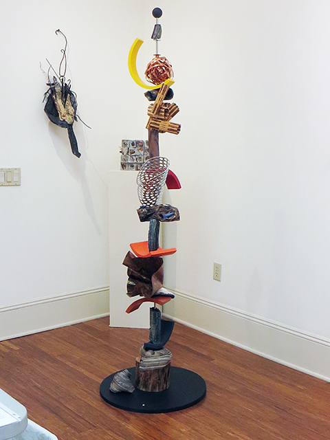 “Retrospective Totem”   stainless steel, ceramic, wood, copper, and glass  by Ellen Rebarber