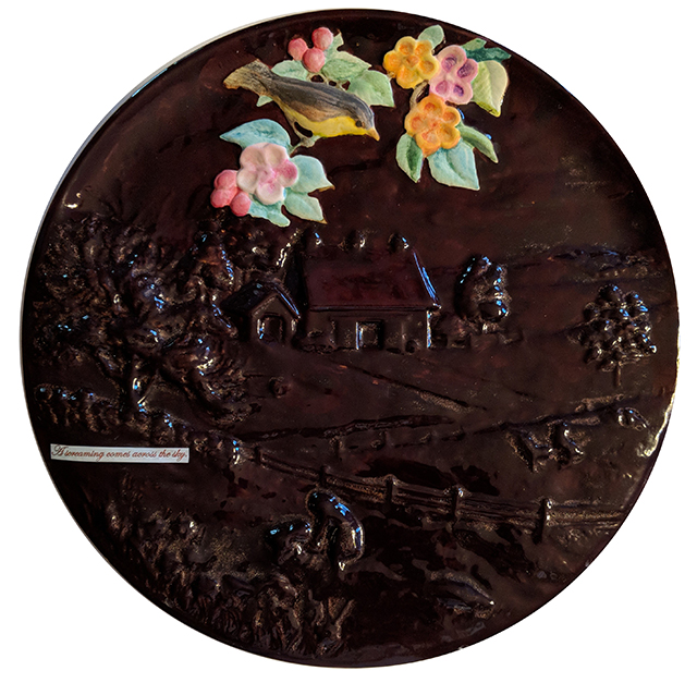 Kelly Clark “Across the Sky” found ceramic, glaze and collage