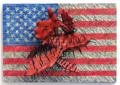 George Lorio “Deal Maker” shredded US currency, paint, carved wood, nails, on panel  $3,200.00