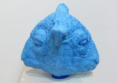 Janice Gossman “Double Sheep Head Rattle” plastic masks, plaster, gauze, glue, gesso, acrylic – SOLD