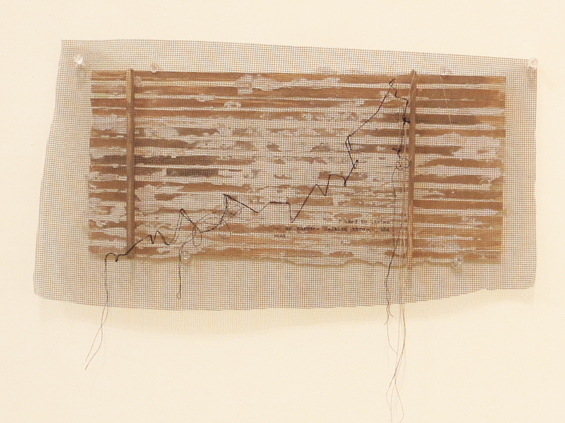 “538 B 6th Ave.” acrylic, fabric, thread, mesh and plaster on wood, 9” x 14” $240.00