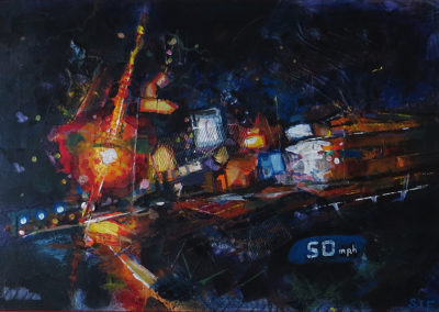 “Drive By at 50 MPH”   mixed media, acrylic, collage and crayon,  24″ x 36″ $300.00