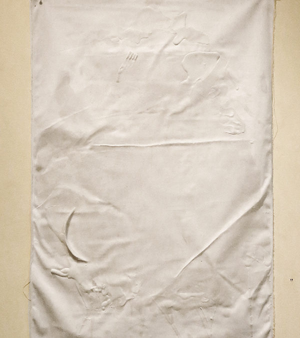 “Untitled IV (Ghosts of Dinners Past)” wax and dirt on fabric, 23”W x 34”H $200.00