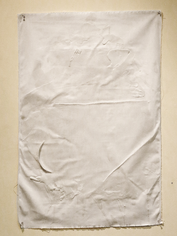“Untitled IV (Ghosts of Dinners Past)” wax and dirt on fabric, 23”W x 34”H $200.00