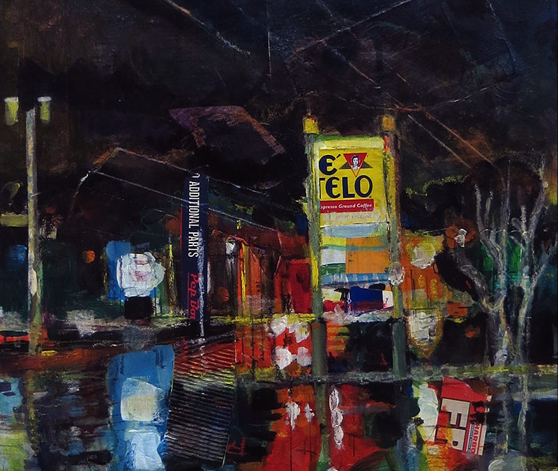 “Wet Night On 27” mixed media, acrylic and crayon SOLD