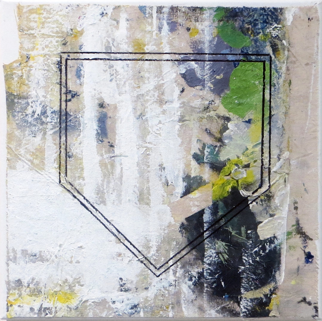 “Home Plate”  mixed media abstract collage 12” x 12”, $150.00