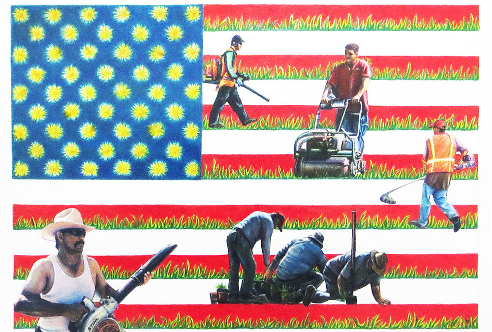 Joan Sonnenfeld “Lawn Service” collage and colored pencil on paper