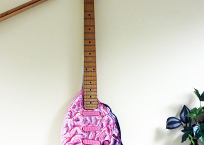Pick Your Brain – customized found electric guitar, sculpy brain appliqué, paint – NFS