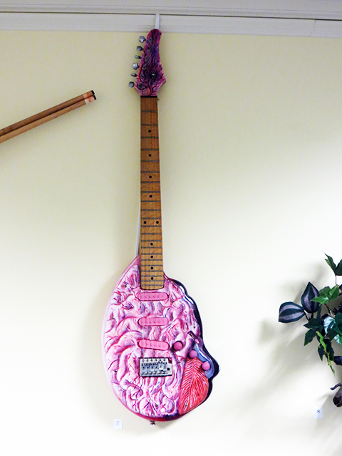 Pick Your Brain – customized found electric guitar, sculpy brain appliqué, paint – NFS