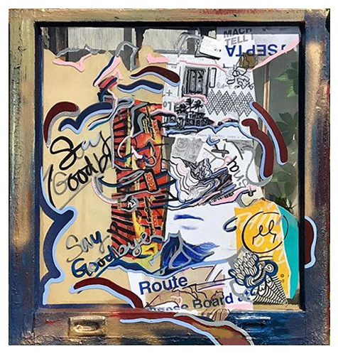 Danielle Corin Cartier – “Say Goodbye” acrylic paint and mixed media on found window panel, 30” x 30”, 2019