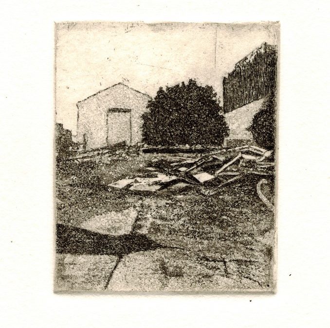 Jennifer Manzella “Pile near Second and Oxford” copper etching, 9” x 9”, 2019
