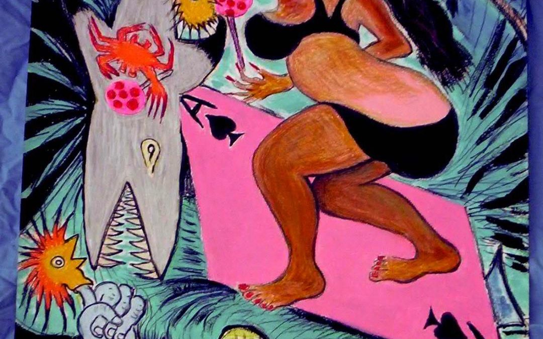 “Ace Of Spades Surf Goddess” – watercolor and colored pencil on paper