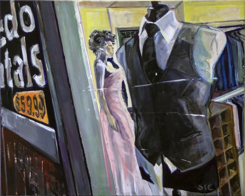 “The Corner of Suits and Dolls” – created 2019, acrylic painting on canvas,  24″ x 30″