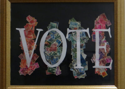 John Marron “VOTE Rainbow Collage”, collage with postage stamps, $40.00