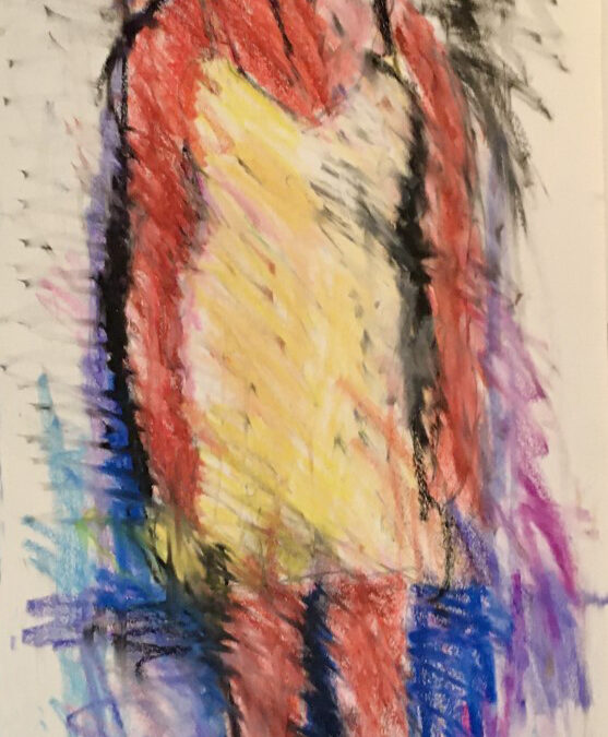 Barbara Dirnbach  “Woman on Paper”, Crayon/oil pastel on paper. 12 X 30/framed under glass, 2020, $450.00