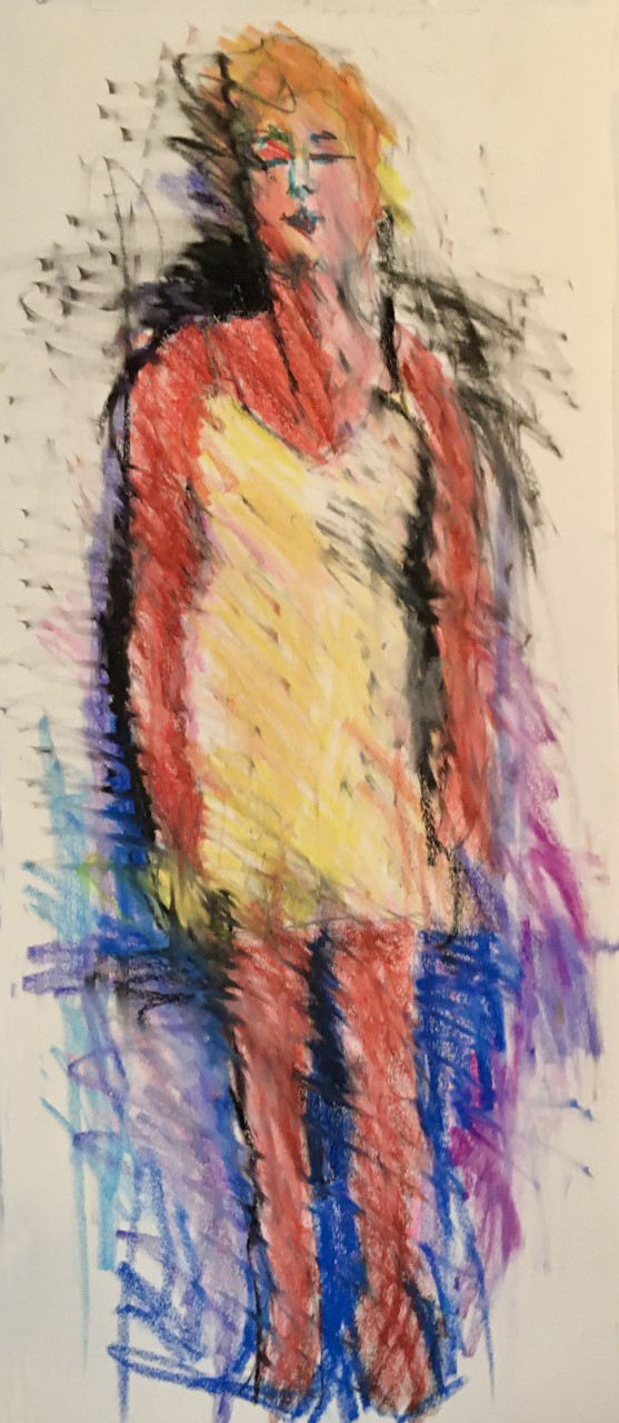 Barbara Dirnbach  “Woman on Paper”, Crayon/oil pastel on paper. 12 X 30/framed under glass, 2020, $450.00