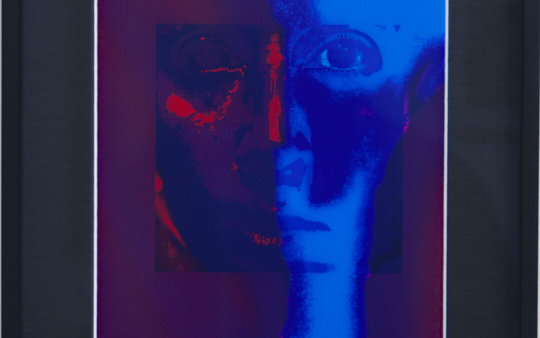 Larry McCandlish “Unmasked” mixed media light Sculpture, Inkjet Die on paper, Wood, Glass, Custom Electronics, and Light 11 1/2” W x 14 3/8”H, 2021, NFS