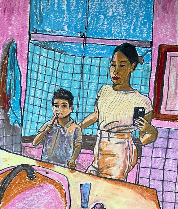 Laura Baran “Brushing Teeth At Gramma’s House”, 2020 , Oil pastel on paper, framed size  11” x 14” $425.00