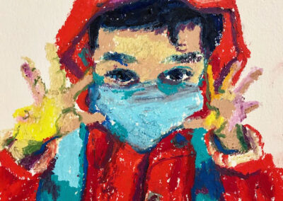 Laura Baran “Leo In His Red Rain Jacket, Mask And Backpack” 2020 Oil pastel on paper, framed size  11” x 14”, $425.00