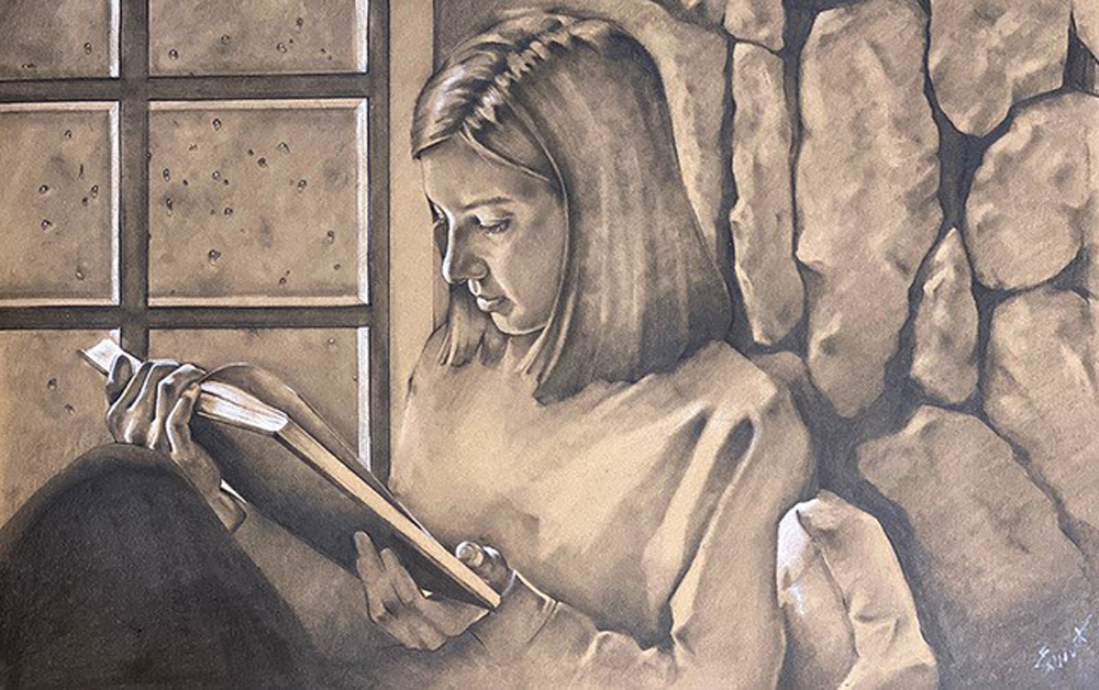 Sandy Furst “Shelter” – charcoal and chalk on paper, framed 24” H x 30 W”, 2020, $350.00