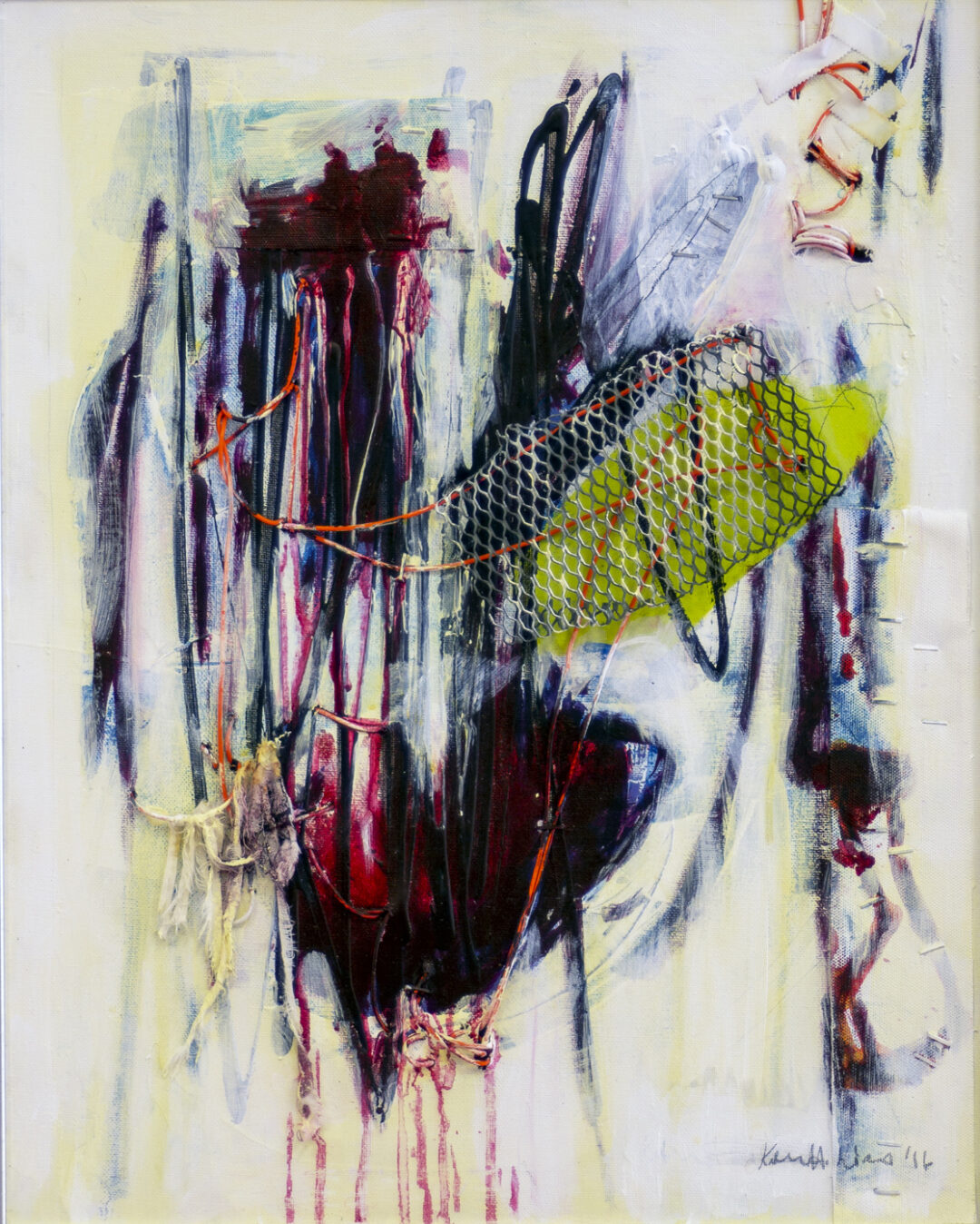 Kathleen Hurley Liao  “Broken Heart Surgery”, acrylic, iodine, medical tape, steel mesh, found wire, muslin and graphite, 24” H x  20W” – $500.00