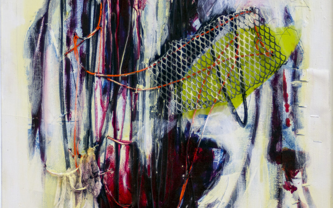 Kathleen Hurley Liao  “Broken Heart Surgery”, acrylic, iodine, medical tape, steel mesh, found wire, muslin and graphite, 24” H x  20W” – $500.00