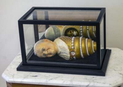 Laurie Pettine “Pontifex Maximus Ano Obturaculum” (Papal Plug) resin, acrylic paint, found objects, $800.00