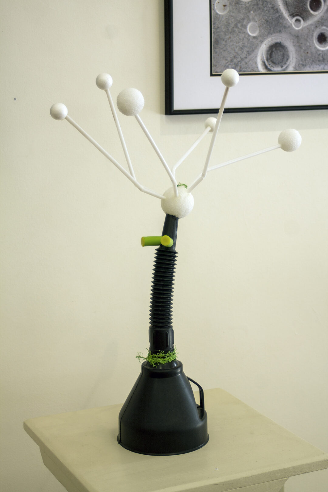 Bill Bonner “Night Watchman” ready-made construction, funnel, straws and foam, $35.00
