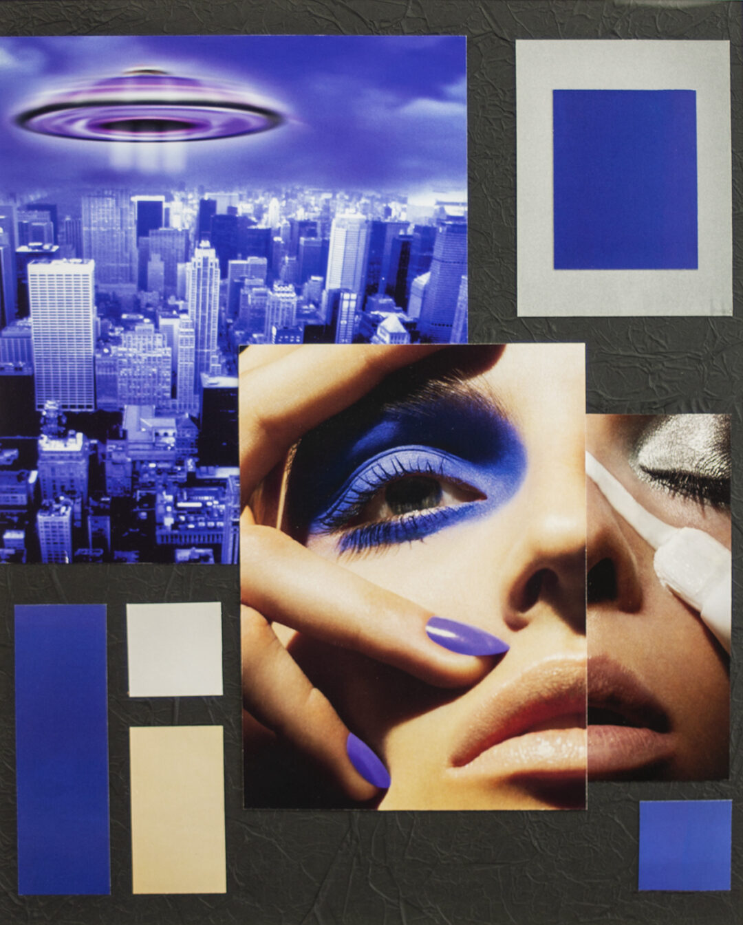 Luis Alves: Collage “Alien Attack (Blue)” framed hand made collage, $450.00