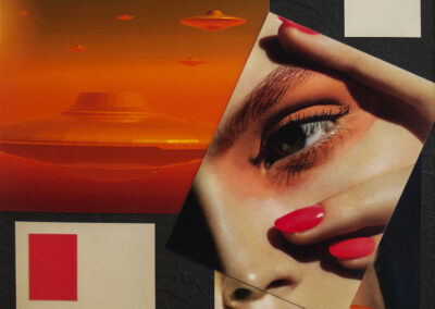 Luis Alves: Collage “Alien Attack (Orange)” framed hand made collage, $450.00