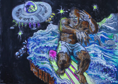 Brian McCormack “Alien and Bigfoot, BFFs Forever” mixed media on paper, $300.00