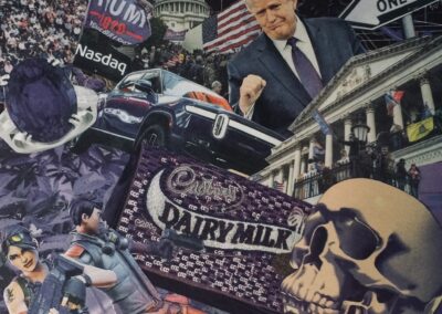 Luis Alves: Collage “Trump Facebook” framed hand made collage, $450.00