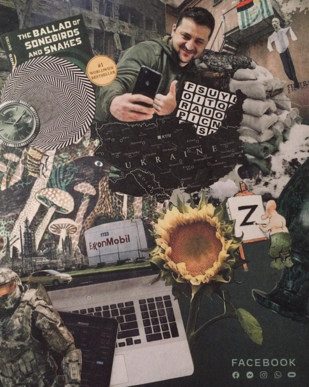 Luis Alves: Collage “SOCIAL MEDIA (Zelensky)” framed handmade collage, $450.00