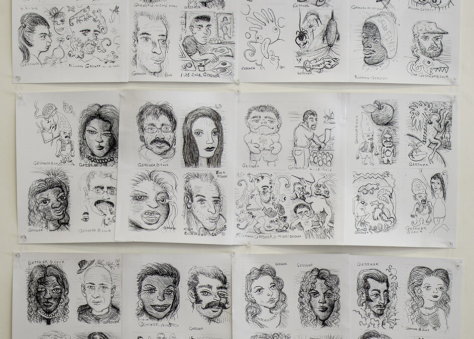 Richard Gessner “A Mount Everest of itsy-bitsy caricatures, a sea of faces trembling with fragile transiency” inkjet prints of ball point pen and pilot pen on paper, $100.00 for each strip, $150.00 for three