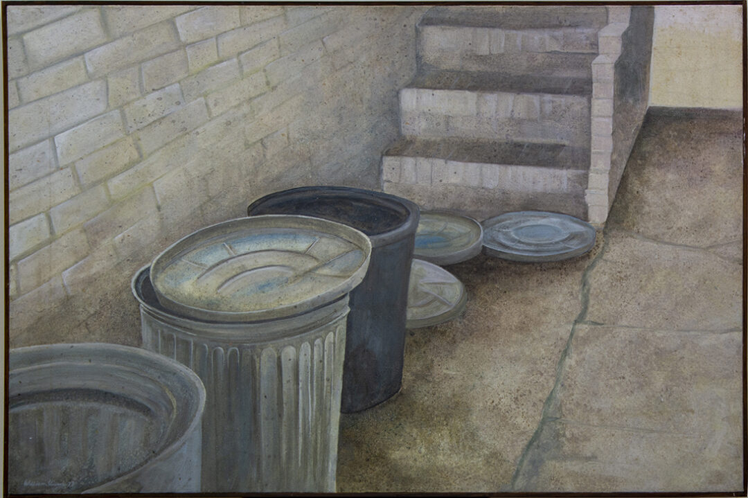 “Alley Cans” acrylic on canvas, 42” W x 27” H, $900.00
