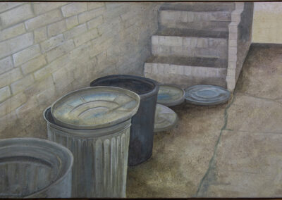 “Alley Cans” acrylic on canvas, 42” W x 27” H, $900.00