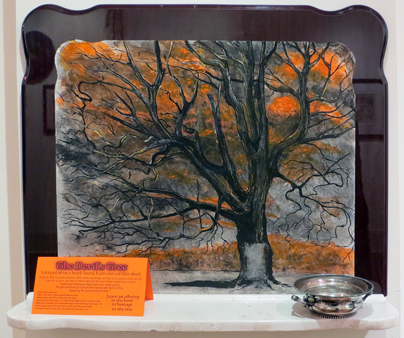 Brian McCormack “The Devil’s Tree” charcoal from the tree, ink, day glow paint on found table top, $450.00