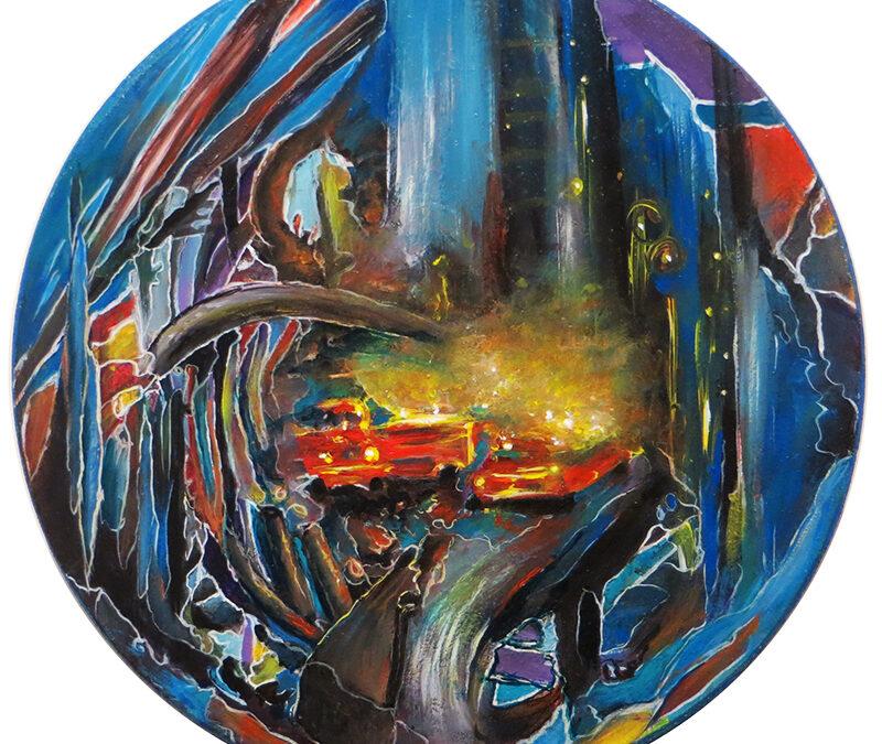 Edward Jean Baptiste – “Fire Trucks”, acrylic on board,  20” diameter, 2022, $265.00