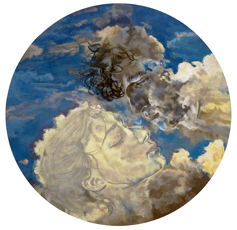 Eliza Louro “Clouded by Dreams of Love” acrylic on wood panel,  18” dia,  $500.00