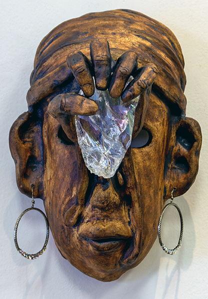 Hannah Vargas “Clairvoyant” stained clay sculpture with jewelry and glass, 10”H x 7” W x 6”D NFS