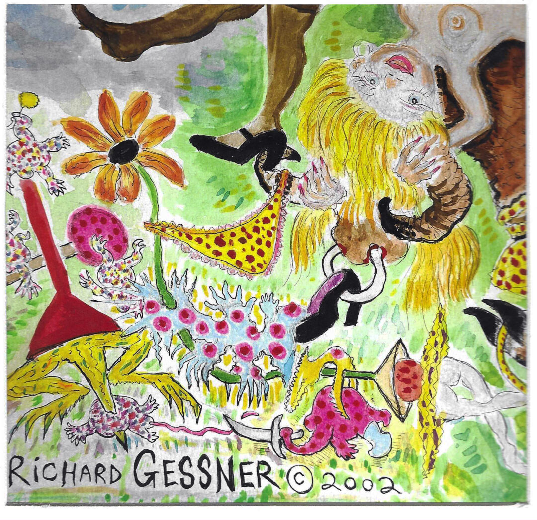 Richard Gessner “Left Corner of Bull Girl Triplets ” inkjet print of a mixed media painting – framed 12″ x 12″, $75.00